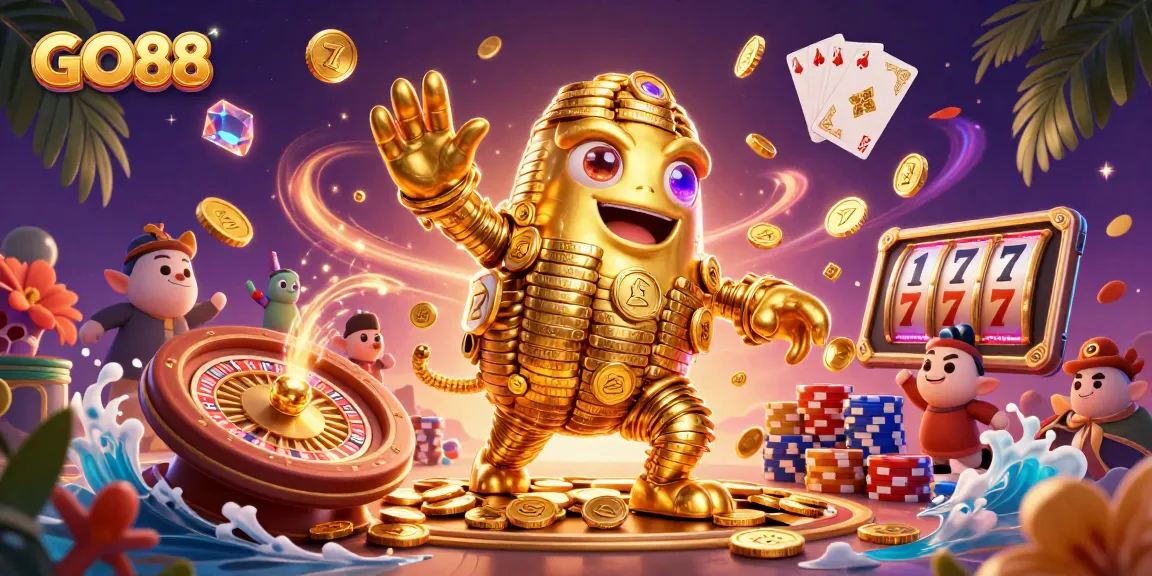 Experience the excitement of GO88 with a vibrant casino scene featuring dynamic game elements and gold coins.