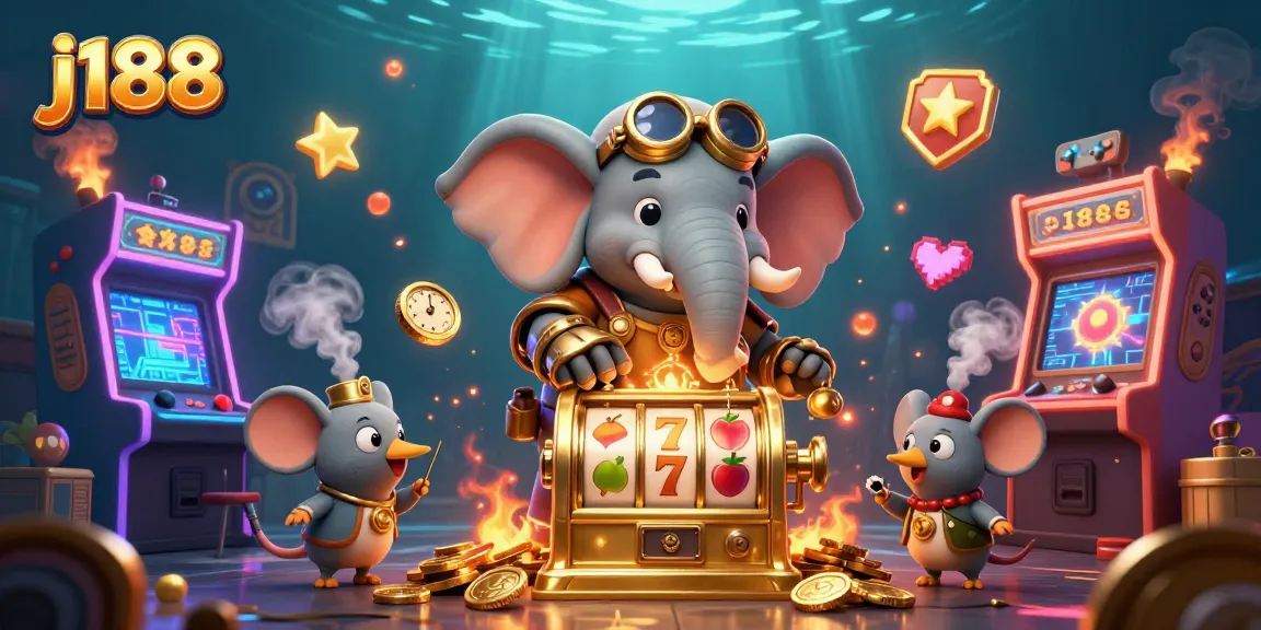 Experience the thrill of j188 with a steampunk elephant at the golden slot machine amidst vibrant arcade elements.