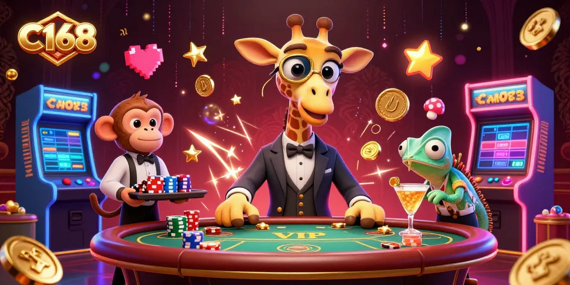 Engage in thrilling gaming at C168, featuring a giraffe and other characters in a vibrant casino scene.