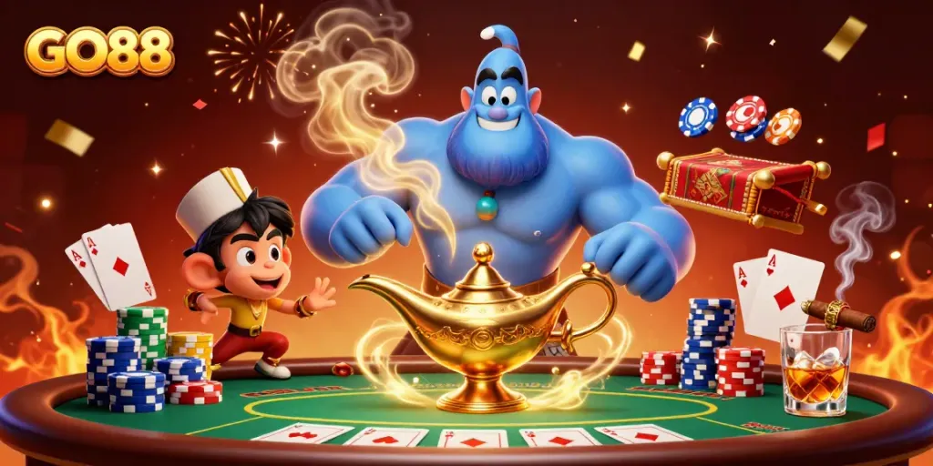 Experience GO88 with a magical genie, poker chips, and vibrant casino atmosphere