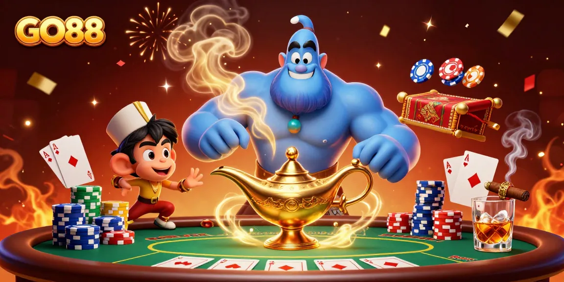 Experience GO88 with a magical genie, poker chips, and vibrant casino atmosphere