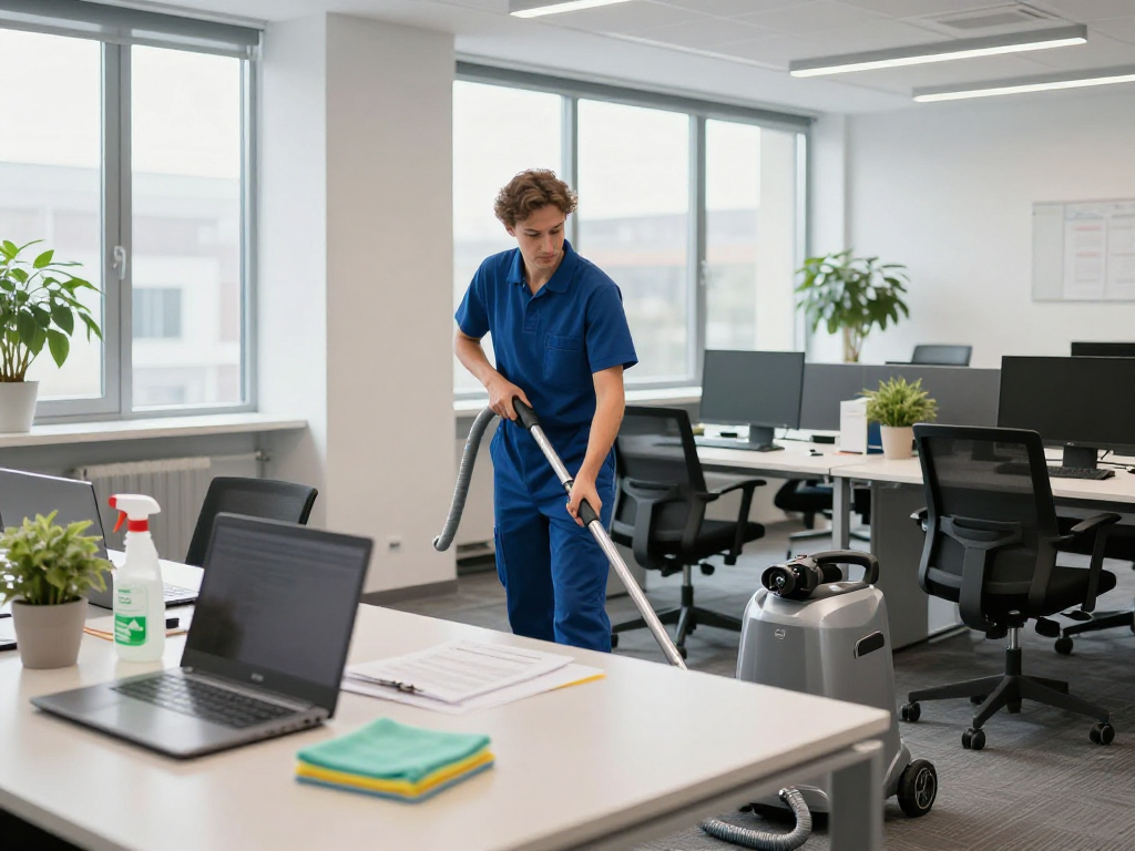 Büroreinigung Göttingen: Professionelle Reinigungskraft bei der Büroreinigung mit modernen Geräten und umweltfreundlichen Reinigungsmitteln.