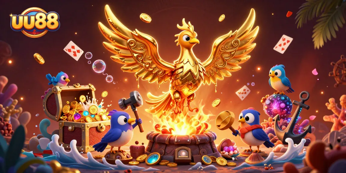 Experience the thrill of uu88 with a golden phoenix and treasure-filled adventure in this vibrant casino illustration.
