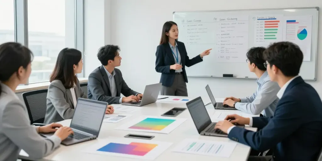 Professionelles Team diskutiert Leipziger Inkasso Strategien in einem Konferenzraum.