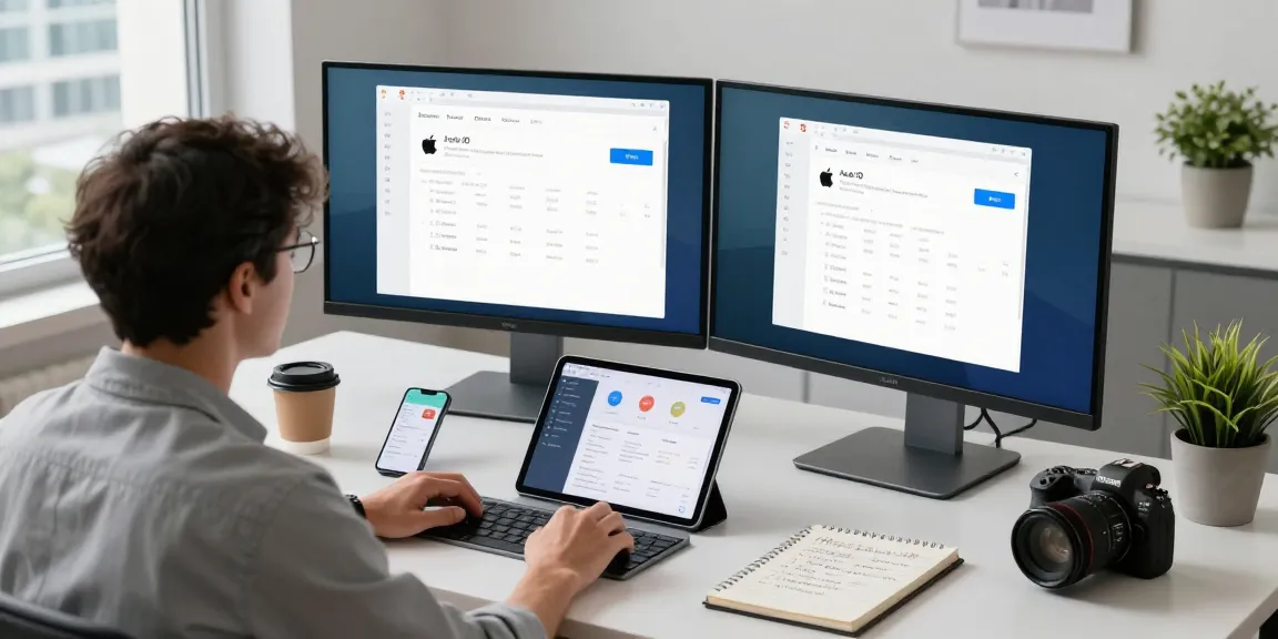 使用讯果管理Apple ID的高效办公场景，显示现代办公环境和技术设备。