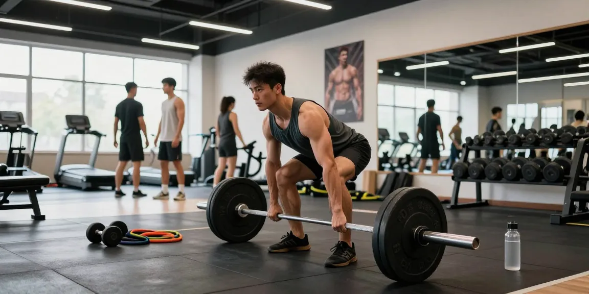 Global Pharma Steroids in einem modernen Fitnessstudio, sportlicher Mann beim Kreuzheben