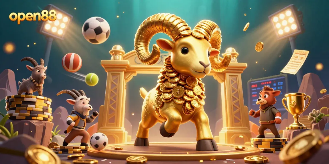 Experience open88's dynamic scene with a golden ram charging through casino elements, showcasing winning excitement.