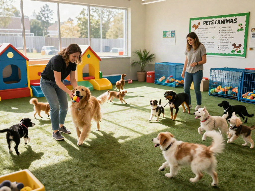 Playful dogs at daycare interacting and learning in a bright environment, emphasizing deposit 10k worth of quality pet care.