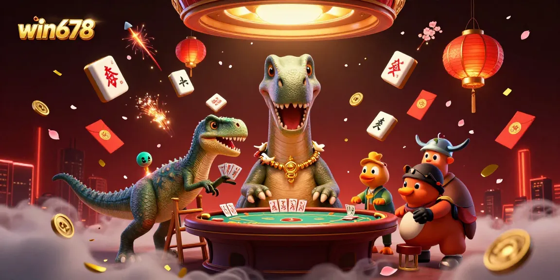 Experience excitement at win678 with a cartoon brontosaurus dealing cards amidst vibrant casino elements.