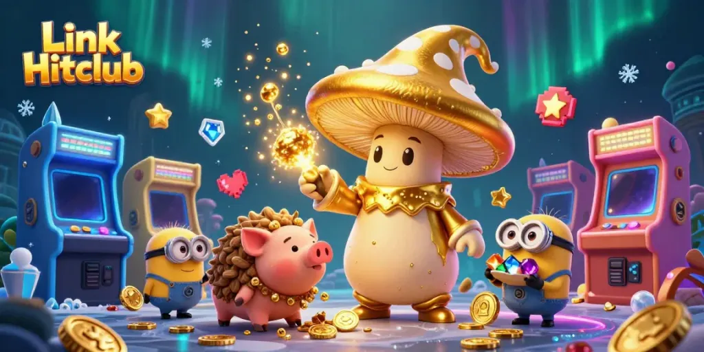 Win big with Link Hitclub in a vibrant casino scene featuring magical characters and gaming elements.