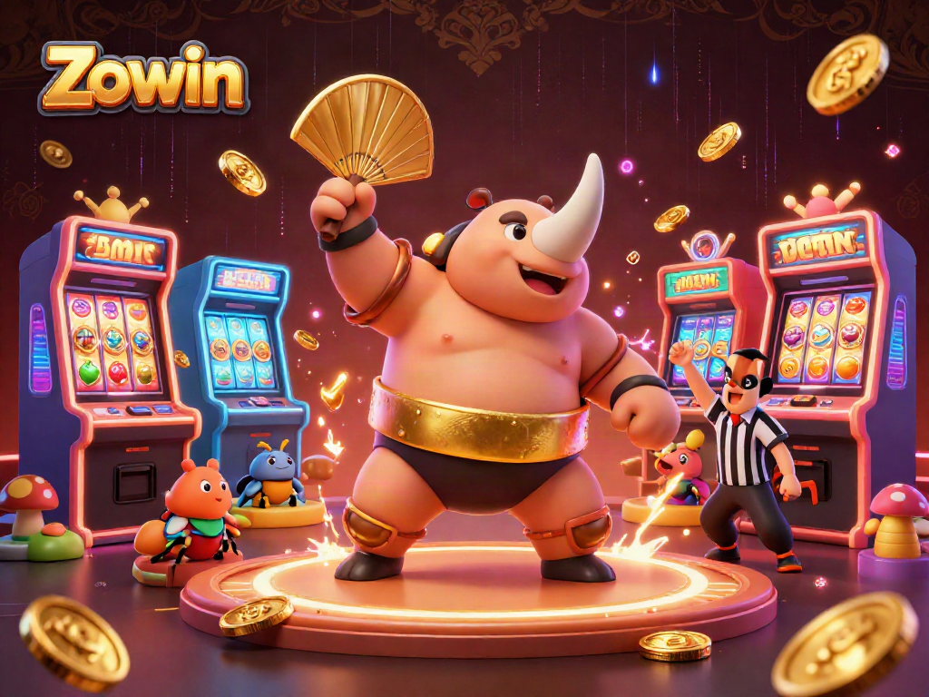 Zowin unleashes thrilling gameplay as a cartoon rhinoceros beetle champion launches coins in a vibrant casino.