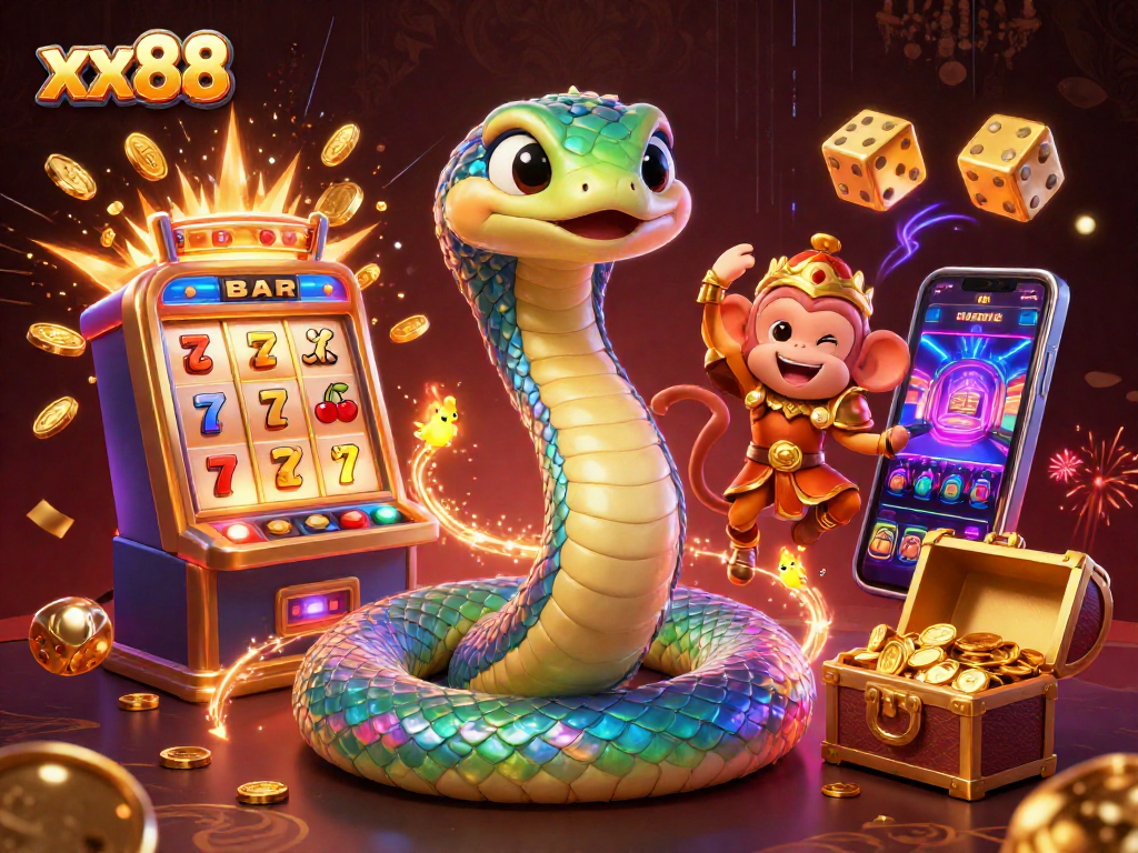 Spin the reels with xx88 on a vibrant, action-packed casino-themed illustration featuring gold coins and gaming elements.