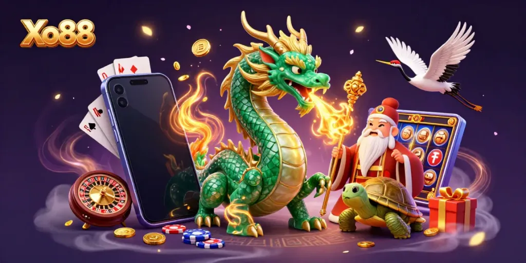 Xo88 showcases an emerald jade dragon surrounded by casino elements like slot games and poker cards.