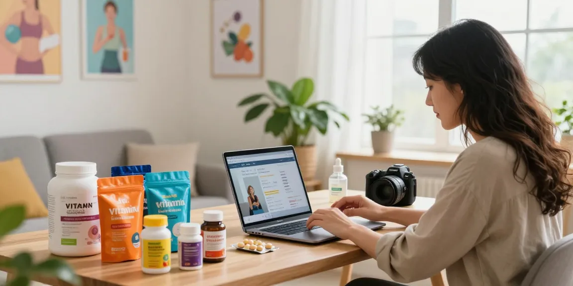 Kunde erkundet Gesundheitsprodukte in der Online-Apotheke des Medi Pharma Shops in einem gemütlichen Homeoffice.