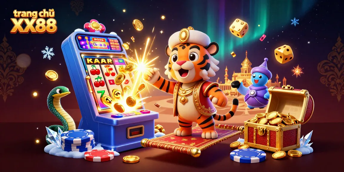 Experience the excitement of trang chủ XX88 with a vibrant casino-themed 3D illustration featuring a tiger sultan and game elements.