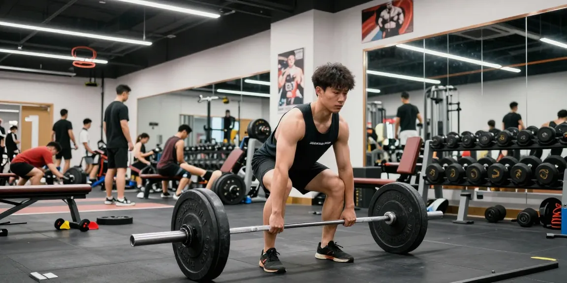 Intensives Training im Selliza Shop mit einem Bodybuilder, der eine Deadlift-Übung macht, umgeben von Hochleistungsgeräten.
