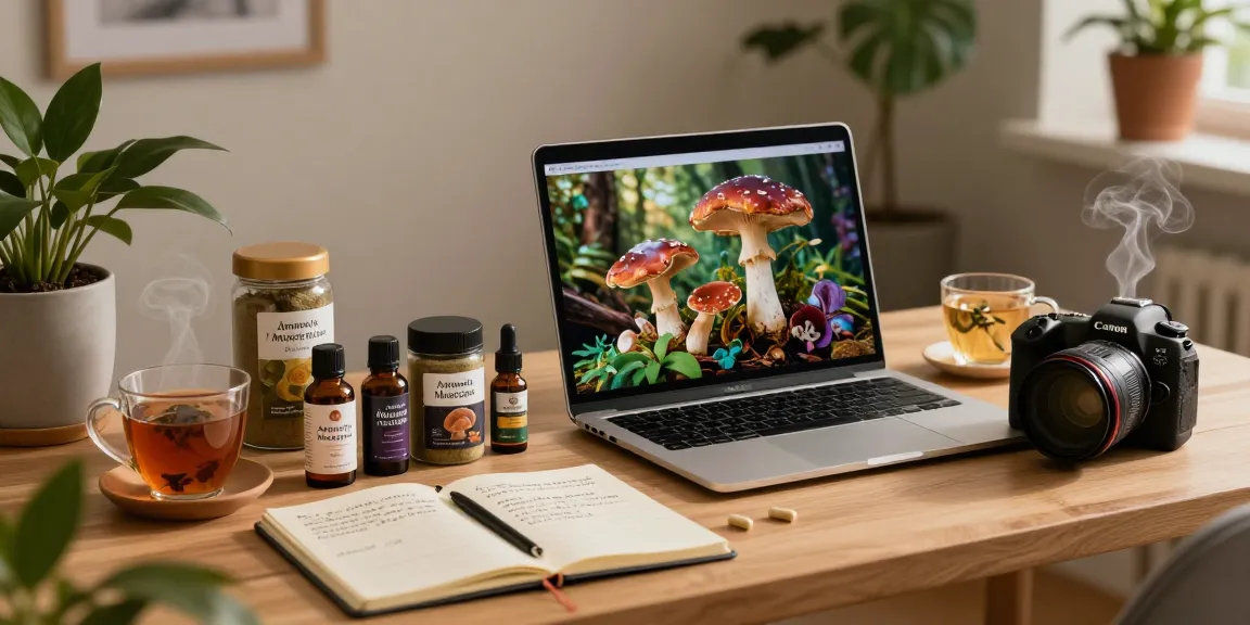Eine gemütliche Homeoffice-Szene, in der eine Person Fliegenpilz bestellt, während sie Amanita Muscaria-Produkte auf einem Laptop durchsucht.