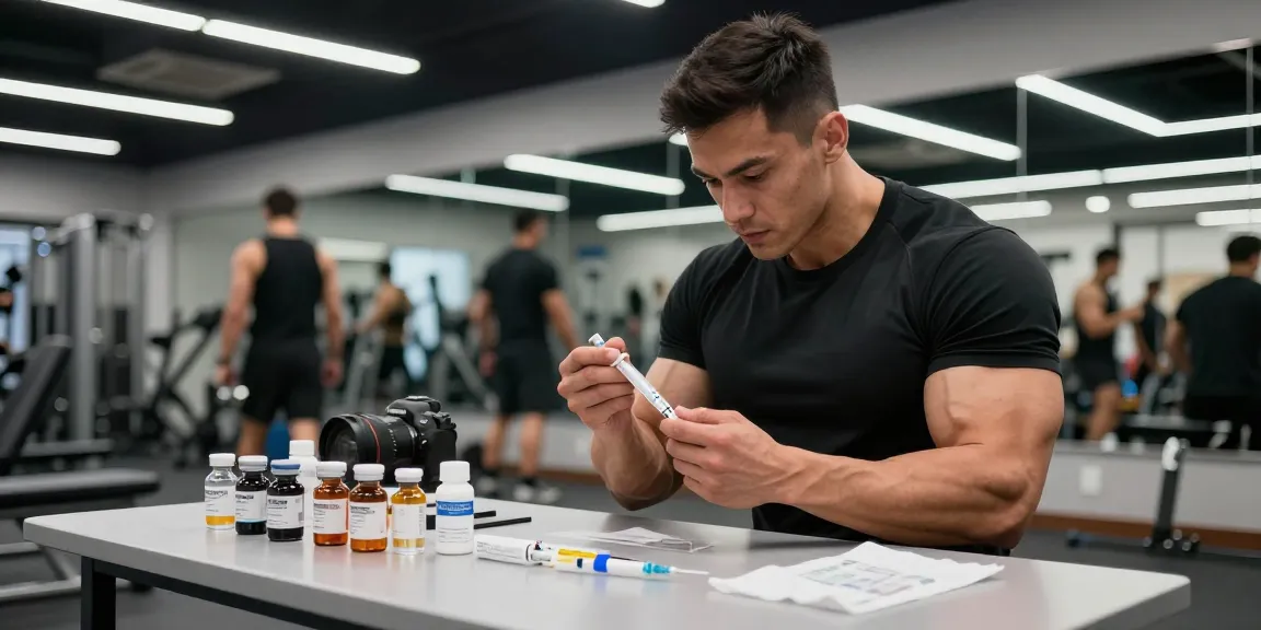 Anabolika-Shop - Bodybuilder bereitet sich in einem modernen Fitnessstudio auf eine Injektion mit Steroiden vor, zeigt Fitnessengagement und professionelle Atmosphäre.