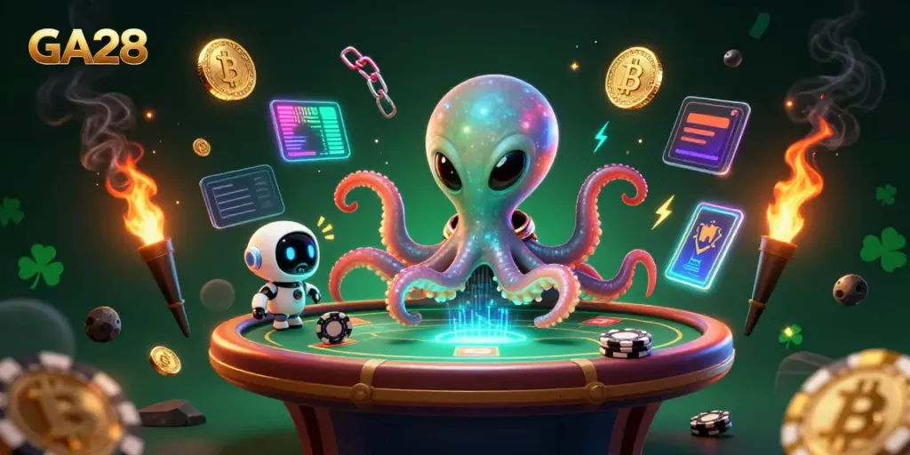 Engage with GA28's vibrant gaming scene featuring an alien octopus at a poker table.