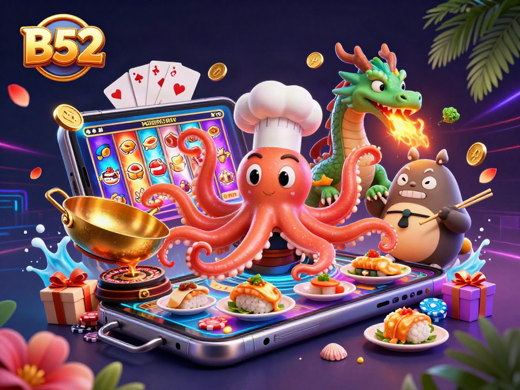 B52 features a lively scene with a sushi chef octopus and gambling elements, perfect for online players.