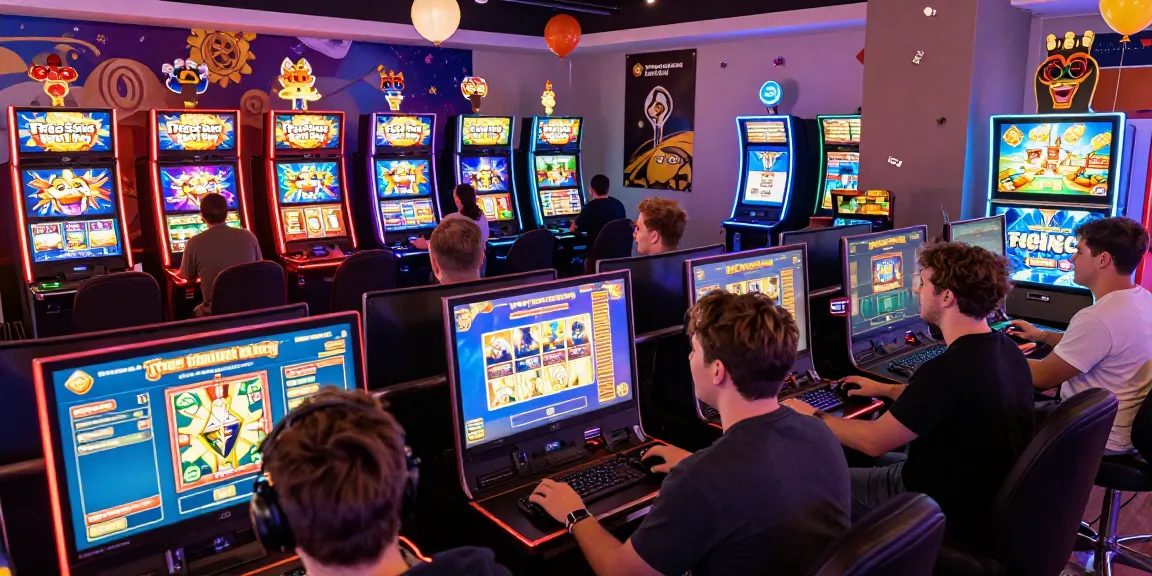 Enthusiastic gamers enjoying oppa86 situs with free spins in a lively online casino setting.
