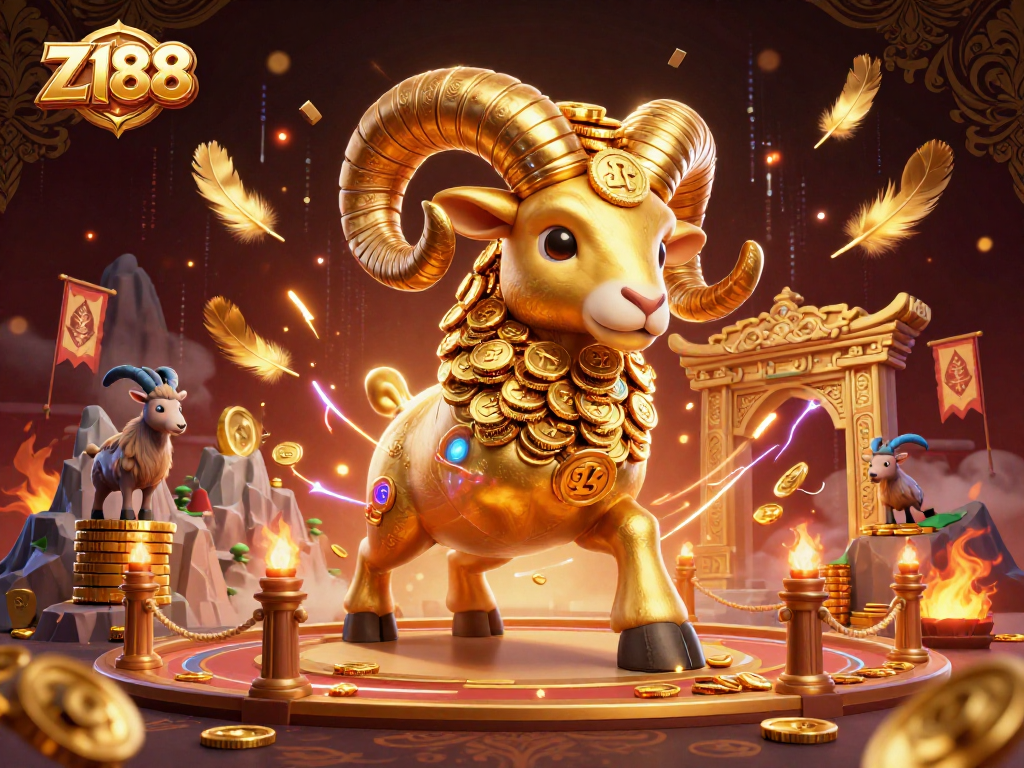 Z188 gaming scene featuring a dynamic golden ram charging towards a gate, surrounded by coins and energetic elements.