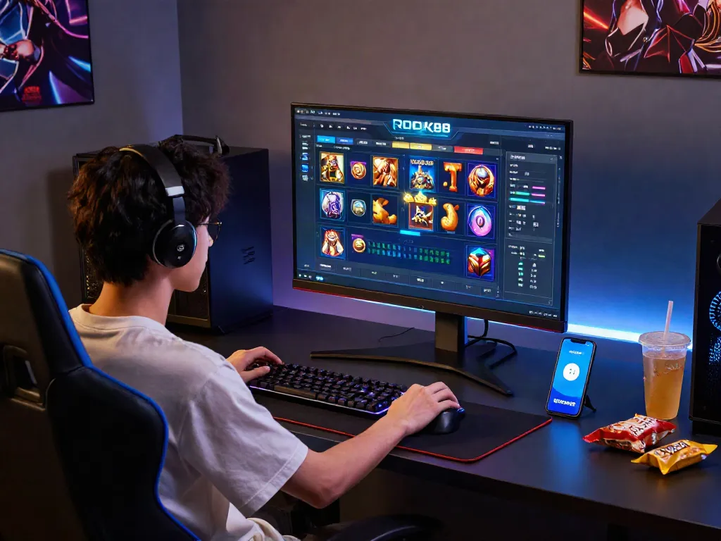 rokok88 slot login experience with a gamer immersed in diverse slot games in a modern gaming setup.
