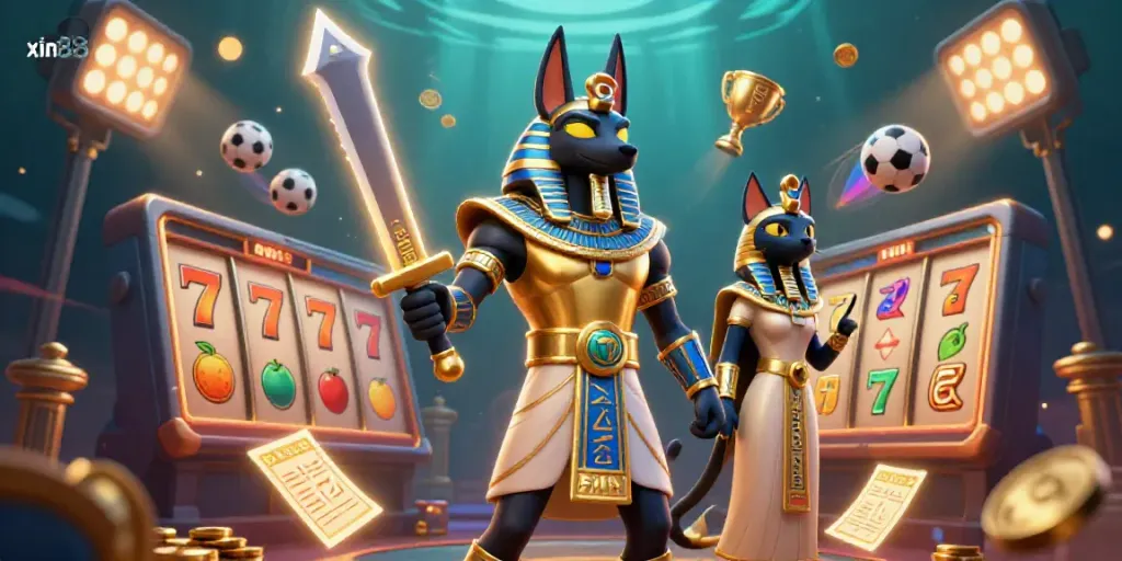 xin88's fantastic gaming scene with vibrant slot reels and ancient icons creating an exciting atmosphere
