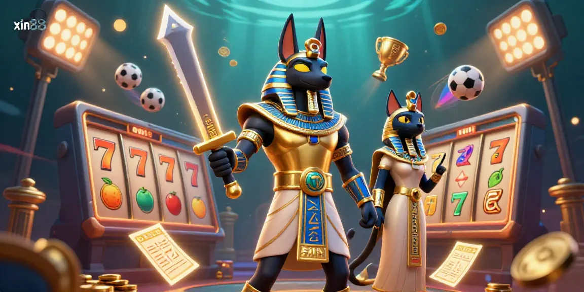 xin88's fantastic gaming scene with vibrant slot reels and ancient icons creating an exciting atmosphere