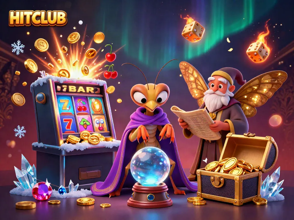 Experience the HITCLUB jackpot explosion with vibrant casino elements and cartoon fortune teller characters.