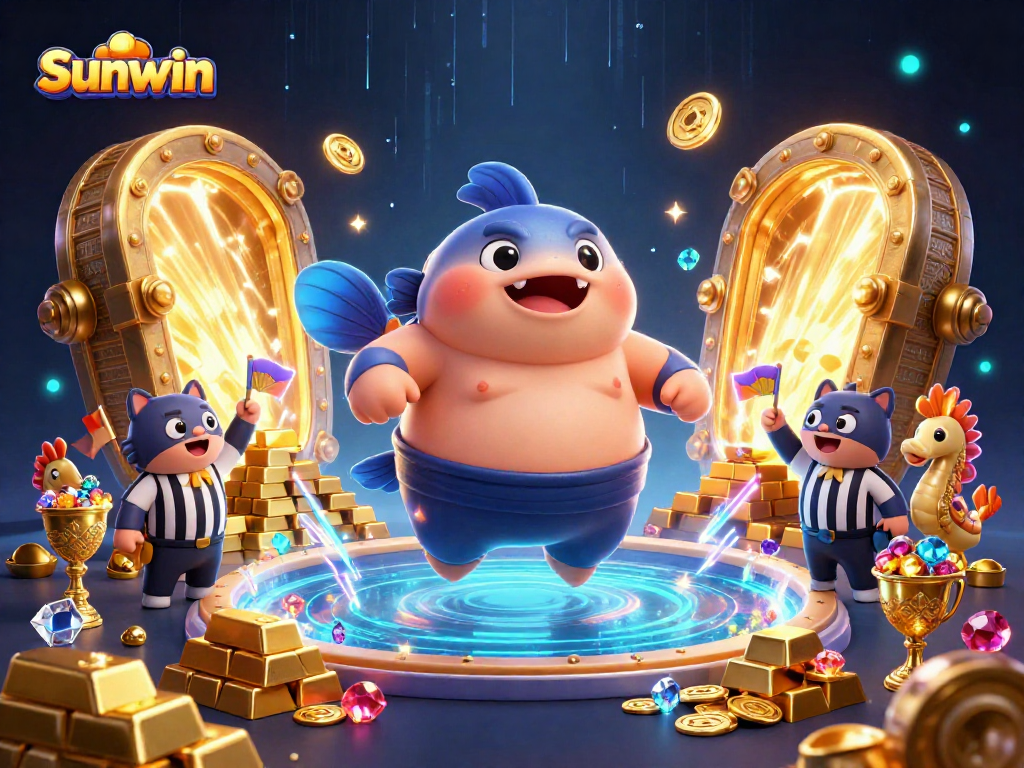 Engage with Sunwin's underwater excitement featuring a fugu boxer amidst treasure galore.