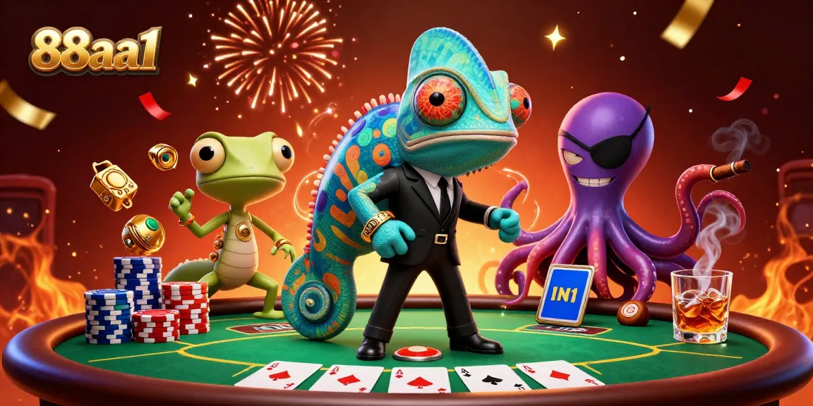 Experience high-stakes poker with 88aa1 in a vibrant casino-themed illustration featuring dynamic characters.
