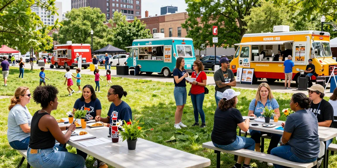 Community gathering at a park featuring local food trucks and musicians promoting newsbochum culture.