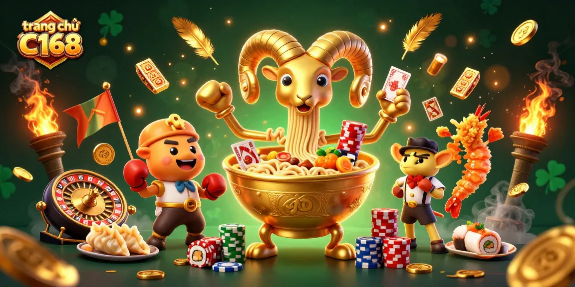 Play exciting games at trang chủ C168 with a vibrant illustration featuring cartoon characters and dynamic casino elements.