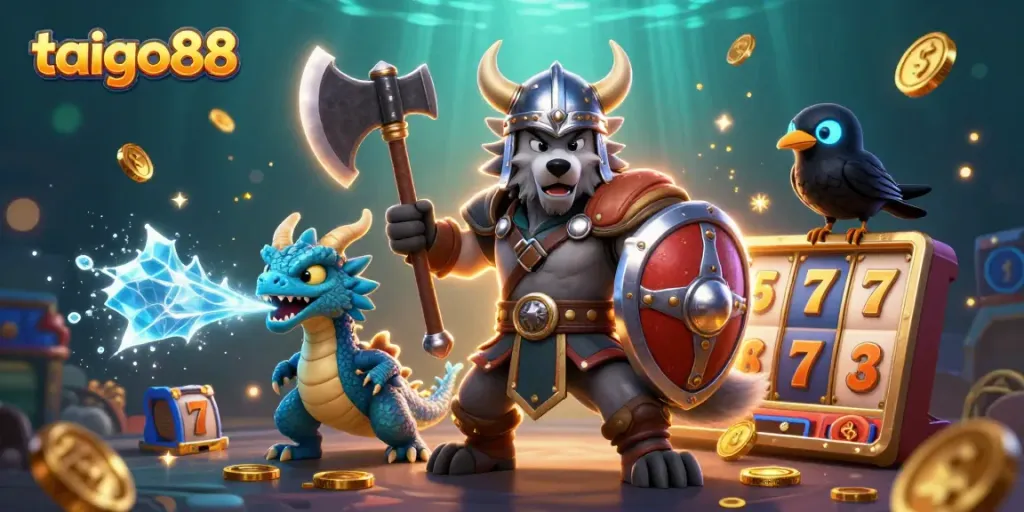 Engage in thrilling jackpots with taigo88 featuring a Viking wolf warrior, fierce dragon, and raven in a dynamic casino scene.