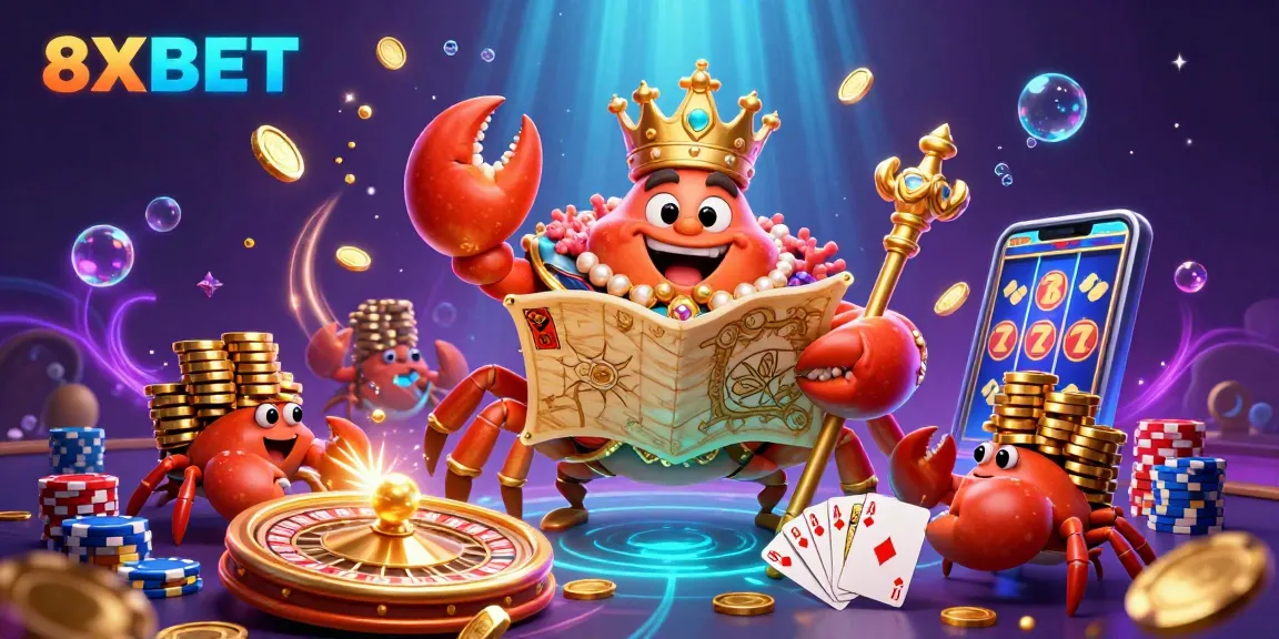 Engage with 8XBET's vibrant casino experience featuring a golden crab emperor among dynamic gaming elements.