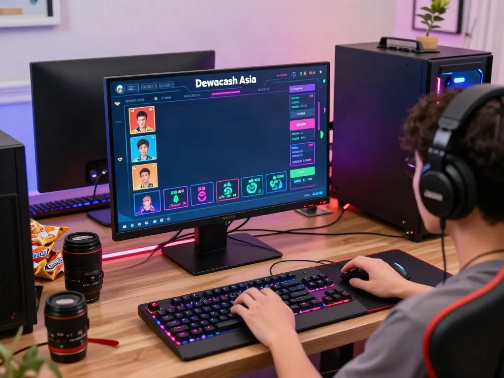 Dewacash Asia gaming setup with player focused on betting interface, accessories, and vibrant atmosphere.