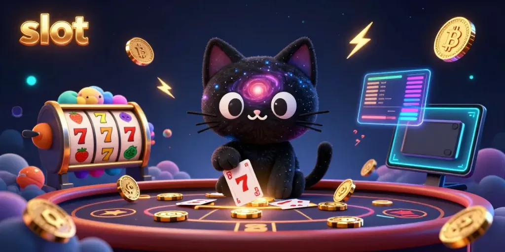 Engage in thrilling slot gameplay with cosmic characters and vibrant slot elements in a stunning casino scene.
