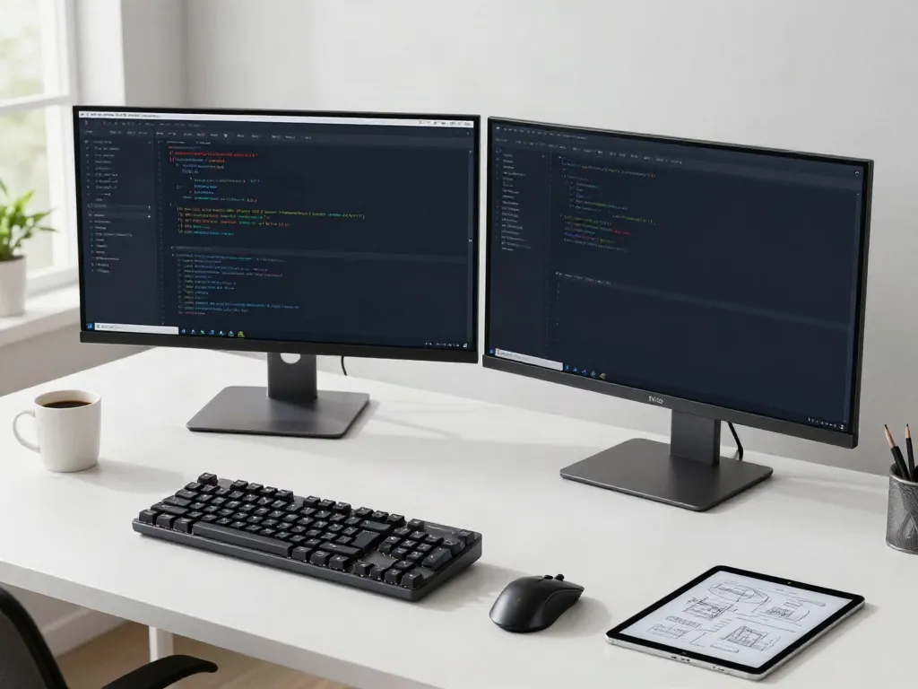 Bild eines modernen Entwicklerarbeitsplatzes mit Softwareentwicklungstools und Immobilienverbands Deutschland-Thema.