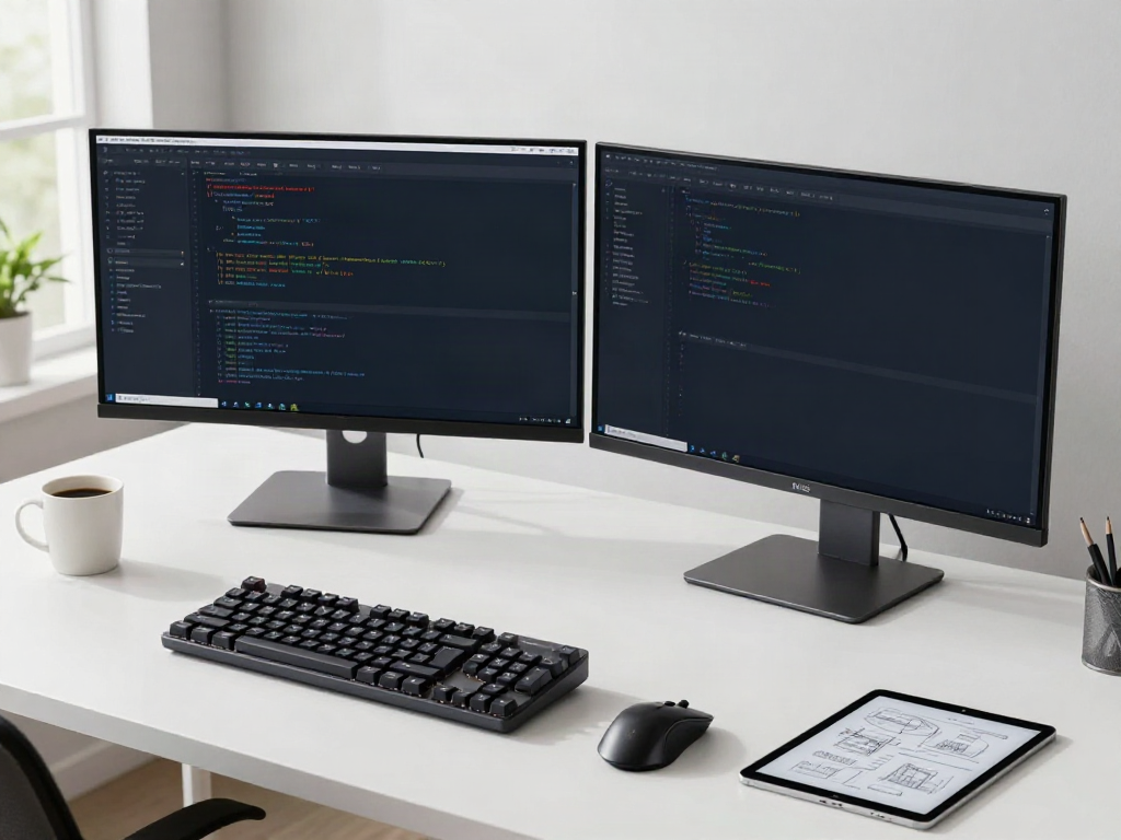 Bild eines modernen Entwicklerarbeitsplatzes mit Softwareentwicklungstools und Immobilienverbands Deutschland-Thema.