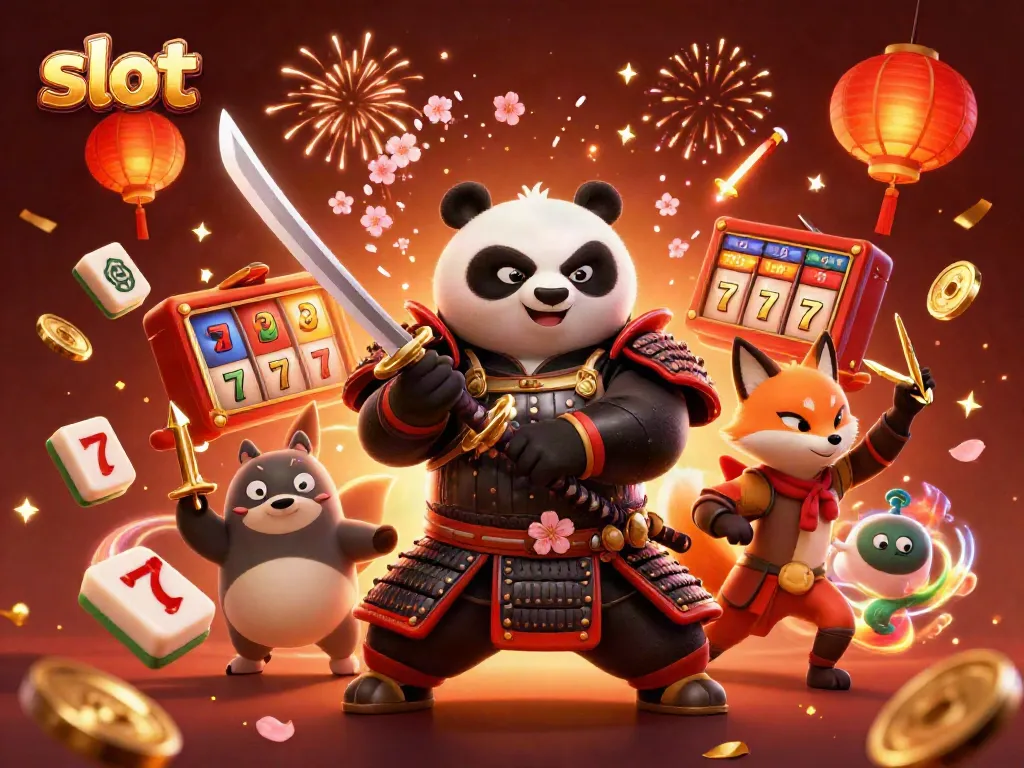 Experience thrilling slot action with a samurai panda, ninja fox, and tanuki in a vibrant casino scene.