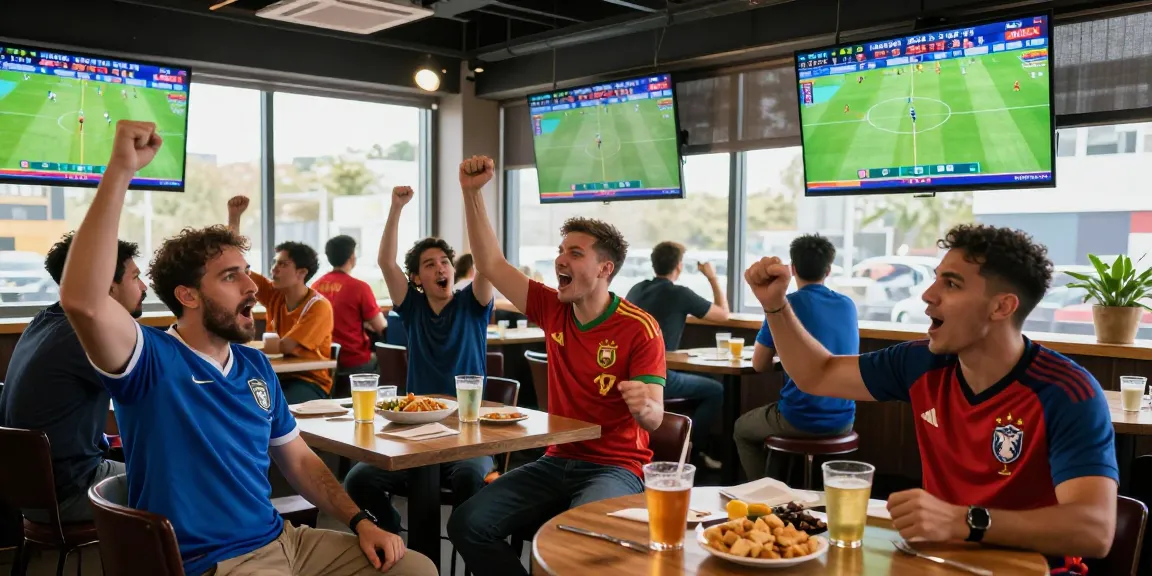 Fussball Wetten WM 2026 in einer lebhaften Sportbar mit Fans, die live Spiele verfolgen.