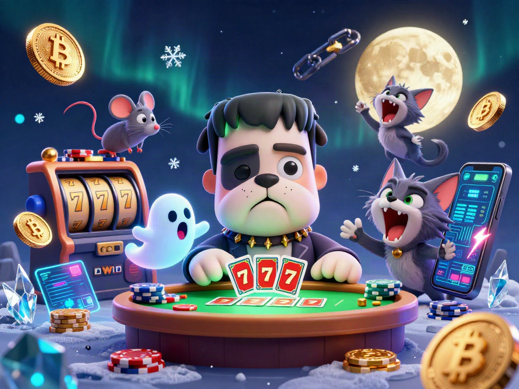 IWIN casino gaming scene featuring a Frankenstein bulldog dealer, a ghost mouse, and a werewolf kitten.