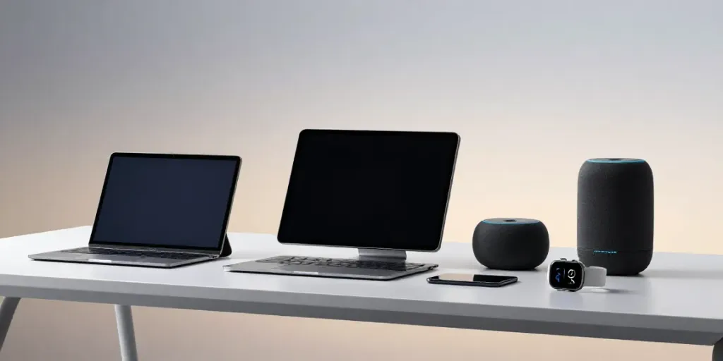 Gadgets und innovative Technologie: modernes Smartphone, Tablet und tragbare Geräte in minimalistischer Gestaltung.
