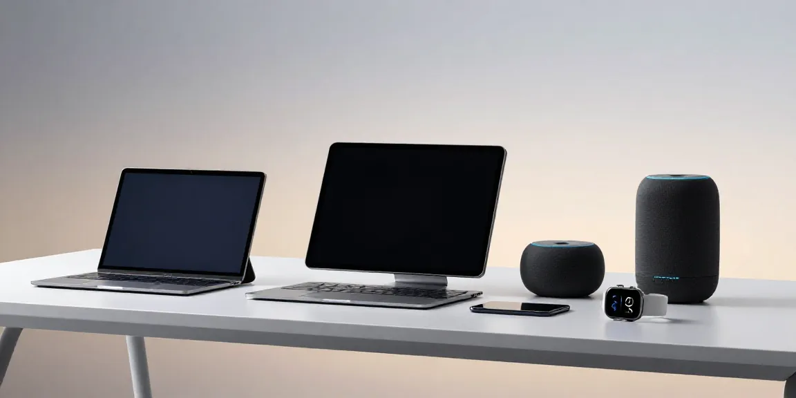Gadgets und innovative Technologie: modernes Smartphone, Tablet und tragbare Geräte in minimalistischer Gestaltung.