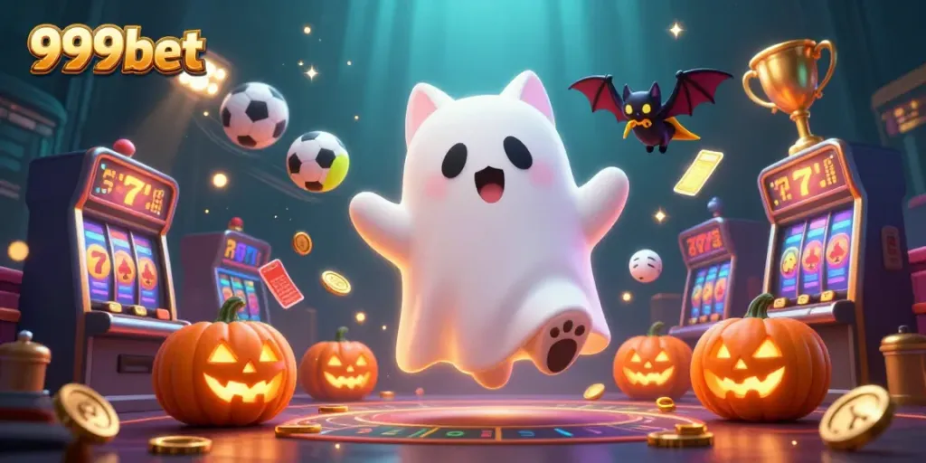 Experience the thrilling 999bet casino world with a friendly ghost cat and vibrant gaming elements.
