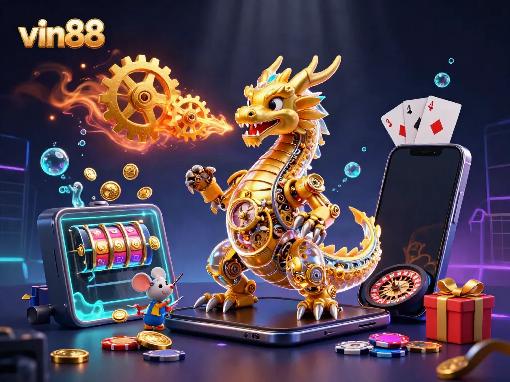 Experience winning with vin88 through a vibrant casino scene featuring dynamic game elements and engaging characters.