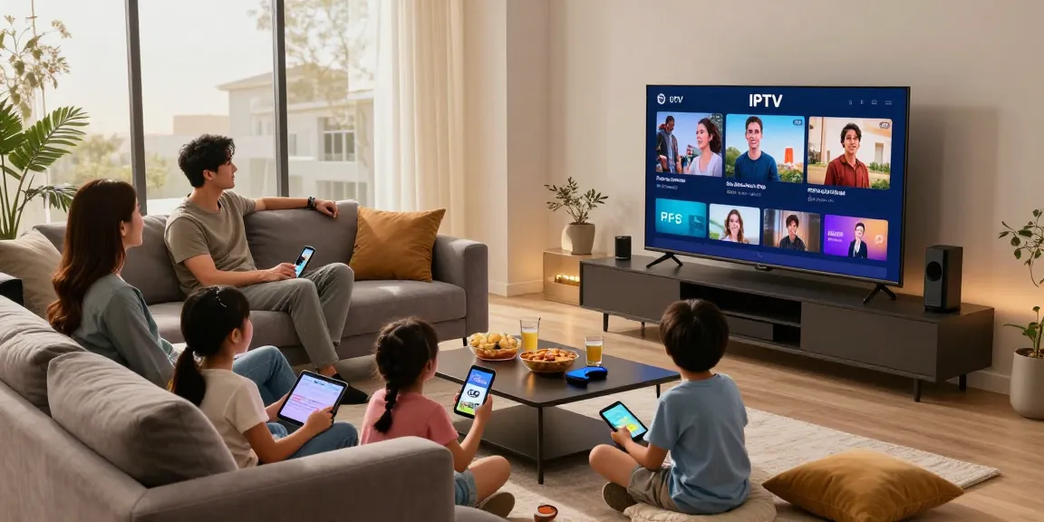 Familie genießt 4K IPTV kaufen in ihrem modernen Wohnzimmer.