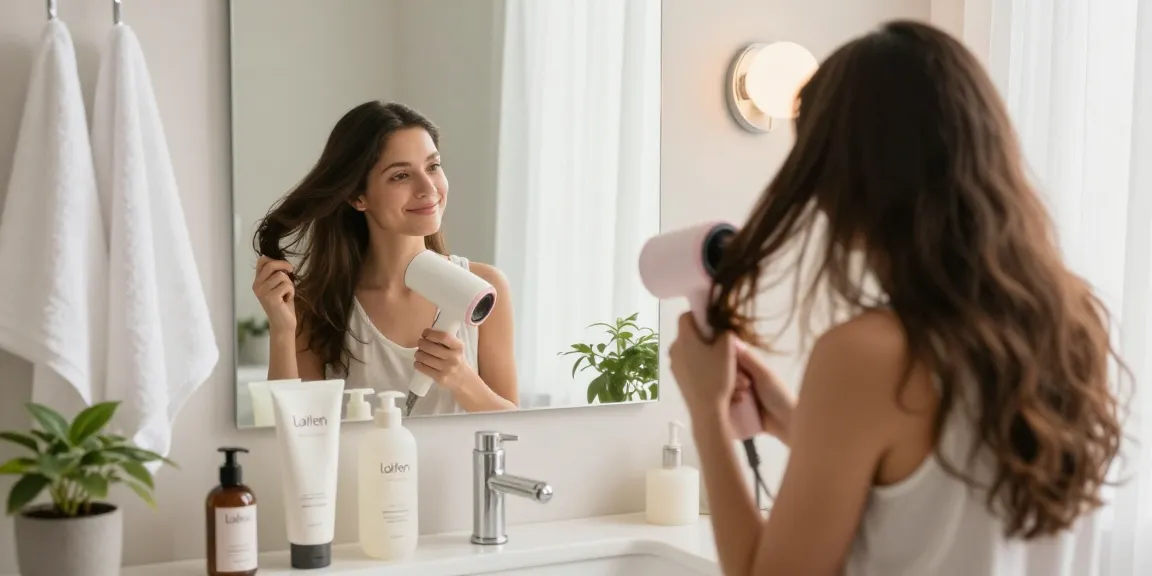Der Laifen Föhn sorgt für glänzendes, gesundes Haar beim Frisieren im modernen Badezimmer.