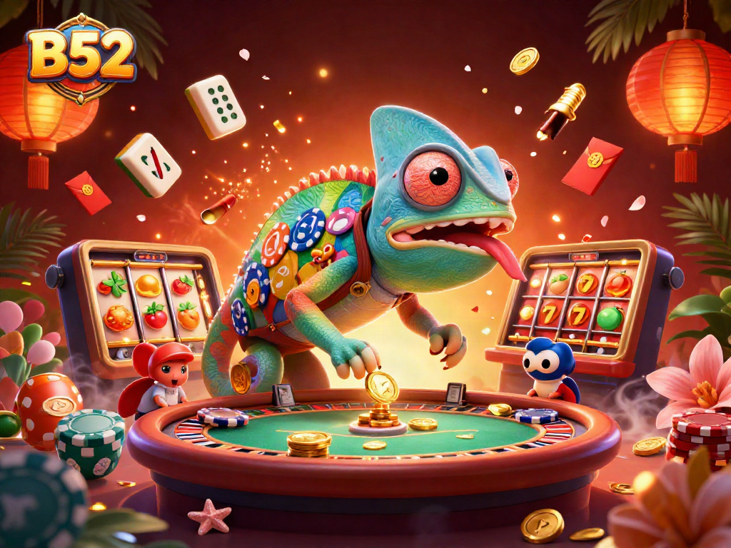 Experience thrilling casino action with B52's vibrant chameleon owner amidst slot reels and festive decorations.